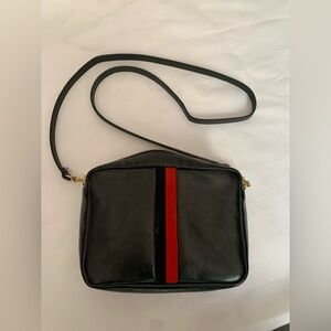 Black Leather Crossbody Bag with Red Stripe